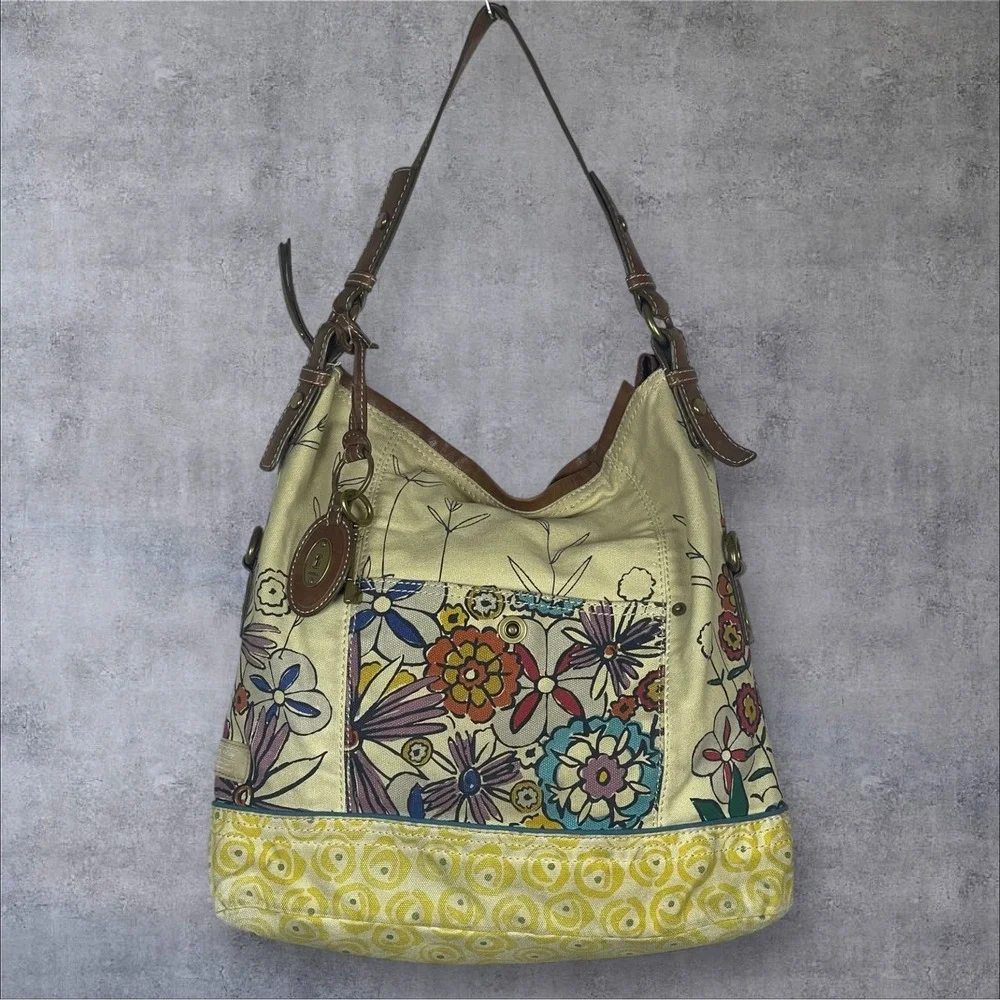 Fossil Long Live Vintage Canvas Floral Retro Hobo Bag Purse Y2K Hippie Boho